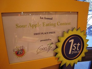 Goofy Contest Prize Sour Apple Eating Contest: First Place!