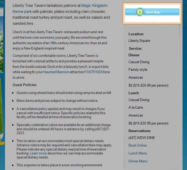 Map Section of Disney Restaurant Web Pages