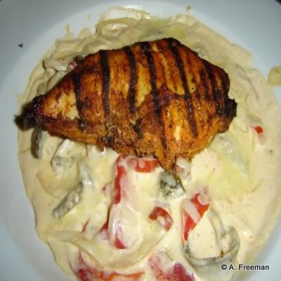 Polly a las Rajas -- Grilled Chicken with Peppers, Onions, and Cheese