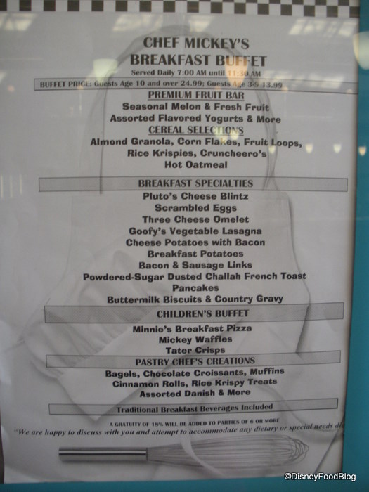 Chef Mickey's Breakfast Menu