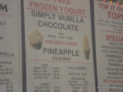 Zack's Dole Whip Menu