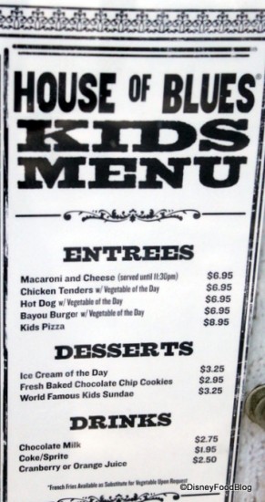 House of Blues Kids Menu