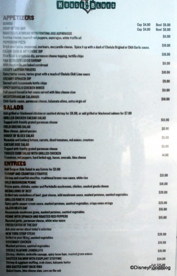 House of Blues Menu