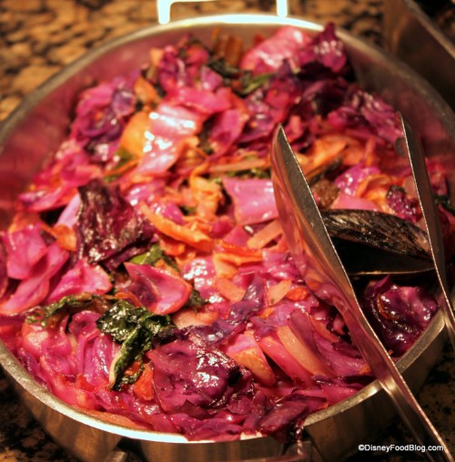 spicy cabbage with rainbow chard and bacon