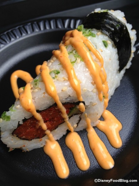 Spicy Hand Roll (Tuna & Salmon with Chili Pepper, Soy Sauce & Sesame Oil Topped with Kazan Volcano Sauce)