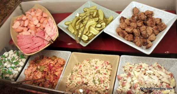 Macaroni Salad, Sausage Salad, German Sliced Pickles, German Potato Salad, Sausage Selection, and Meatballs Biergarten