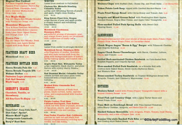 Whispering Canyon Cafe Lunch Menu 2012