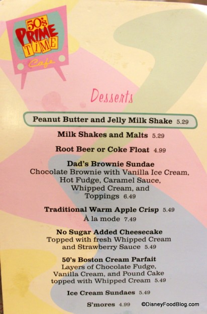 Dessert Menu 50s Prime Time Cafe