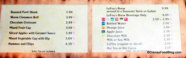 Gaston's Tavern menu