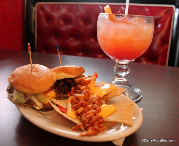 pork slider - cheeseburger slider - barbecue chicken nachos - drink splitsville