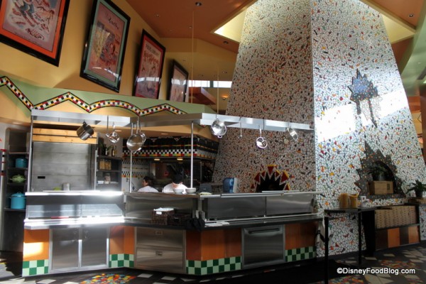 Wolfgang Puck Express kitchen area and pizza oven