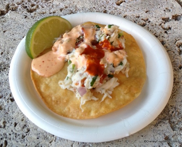 Crab tostada served with chipotle mayo and Valentina Salsa