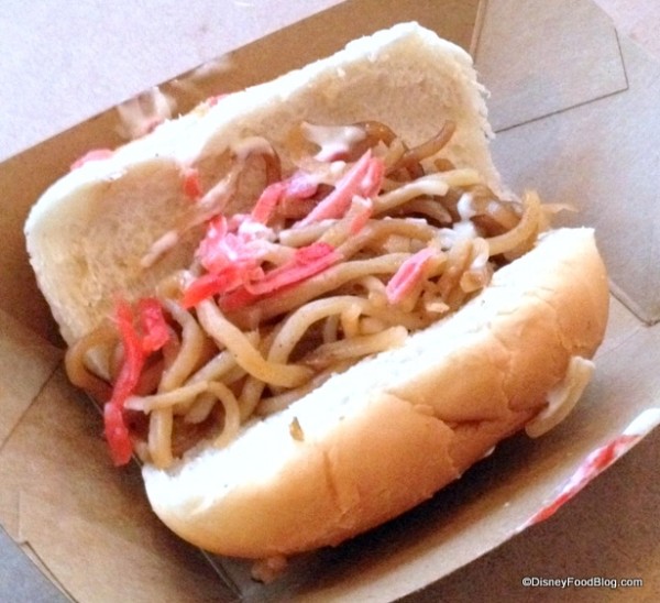 YakiSoba Pan (Fresh grilled carrots, onions and cabbage with Japanese noodles and teriyaki sauce served on a bun with mayonnaise and Beni Shoga)