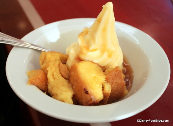 AJ-made dessert -- caramel bread pudding with ice cream and caramel sauce Chef Mickey's