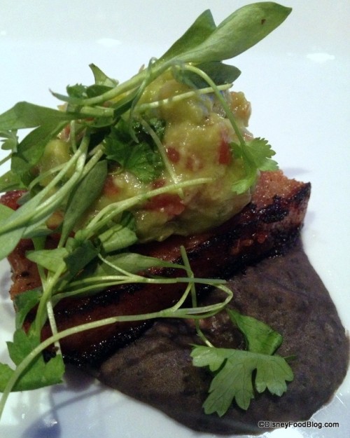 Crispy Pork Belly with Black Beans, Onions, Avocado and Cilantro