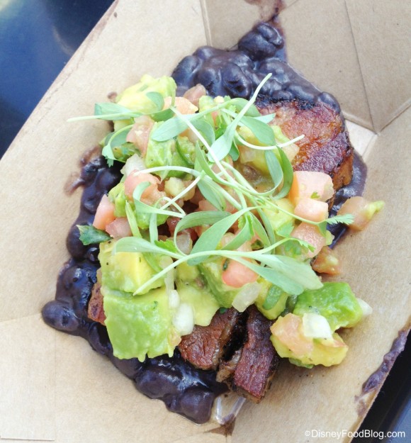 Crispy Pork Belly with Black Beans, Onions, Avocado and Cilantro