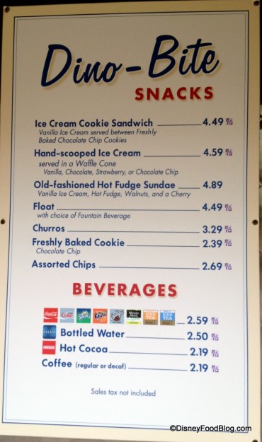 Dino Bite Snacks Menu