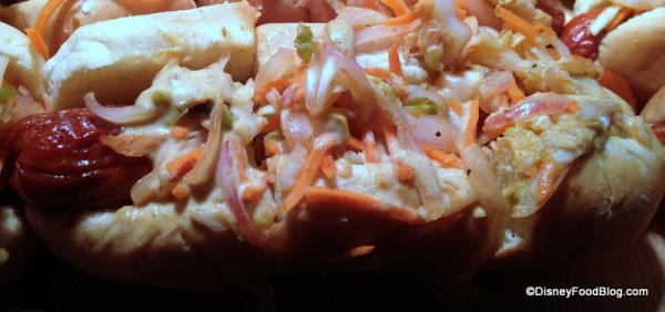 Kimchi Dog with Spicy Mustard Sauce and Kimchi