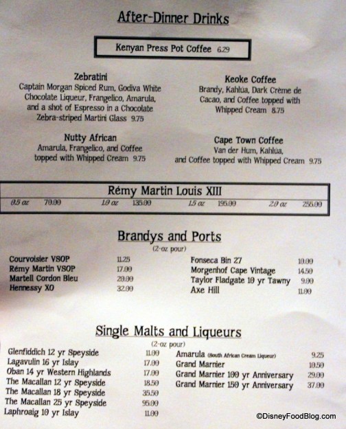 After Dinner Drinks Menu Jiko