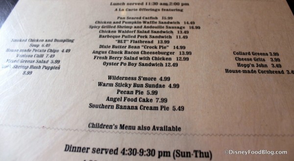 A la Carte Lunch Menu Trails End