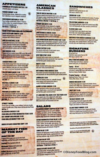 Full Menu House of Blues Orlando