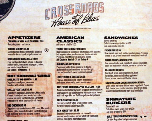 Top of Menu House of Blues Orlando