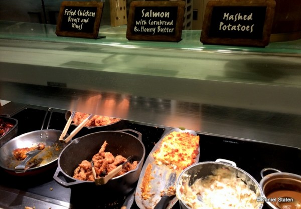 Fried Chicken, Salmon, Mashed Potatoes and Gravy