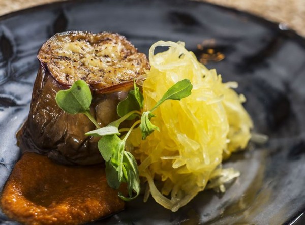 Land-grown Eggplant “Scallop” with Romesco Sauce and Spaghetti Squash from the Urban  Farm Eats Outdoor Kitchen