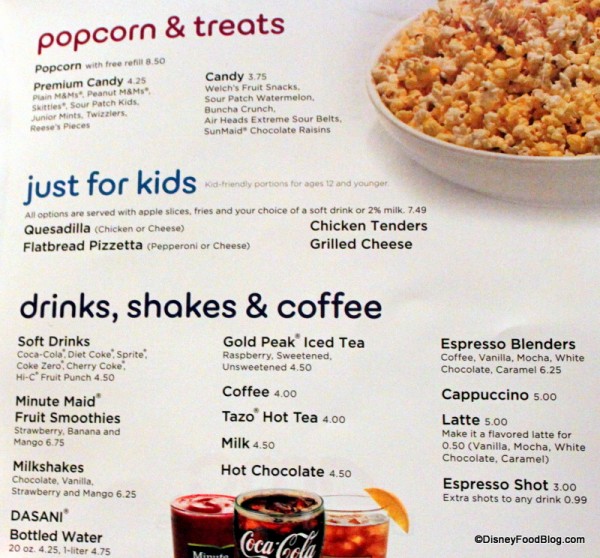 Menu -- Popcorn, Kids, and Beverages -- Click to Enlarge