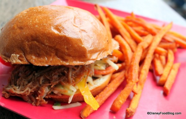 Slow Roasted Kalua-Style Pork Sandwich and Sweet Potato Fries