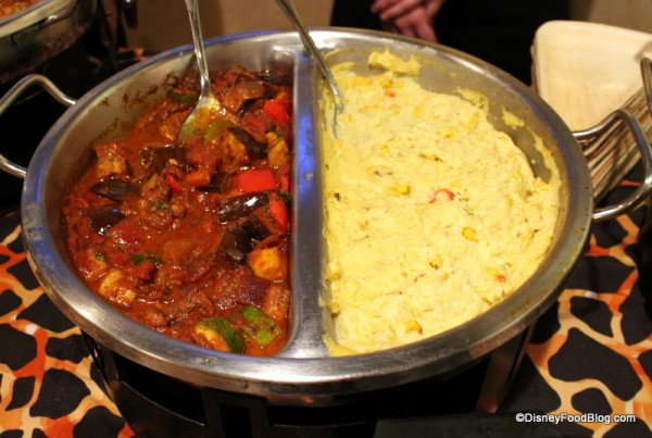 Vegetarian Eggplant Tikki Masala Curry served over Creamy Goat Cheese Pap