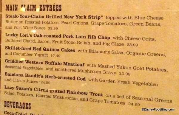 Whispering Canyon Dinner Entree Menu