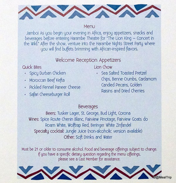 Welcome Reception Menu -- Click to Enlarge