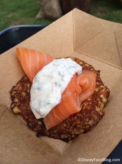 Fresh potato pancake with smoked Scottish salmon and herb sour cream