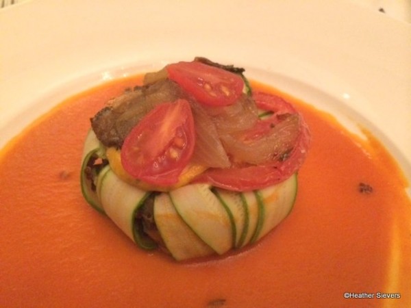 Vegetarian Layered Ratatouille with Red Quinoa , Black Eyed Peas and Tomato Coulis