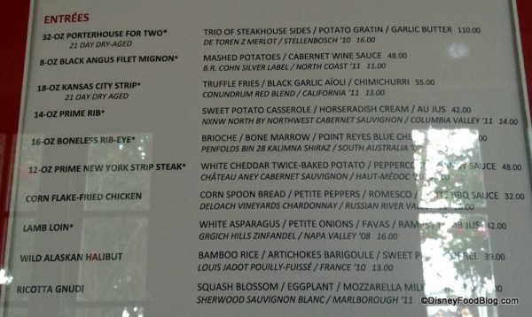 A portion of the Yachtsman Steakhouse Menu