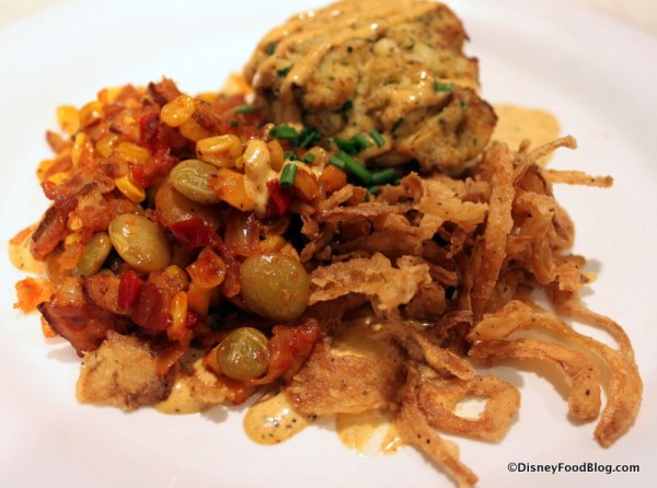 Succotash Served with Grandpa's Crabcake -- Up Close
