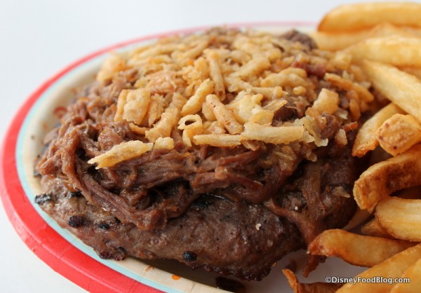 Brisket and crispy onions on top of burger