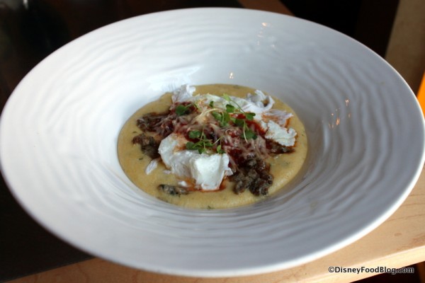Poached Eggs, Fennel Sausage, and Tomato Gravy with Soft Polenta