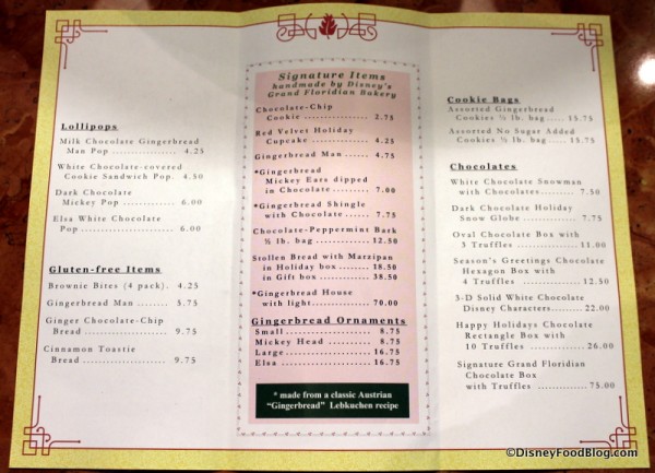 Grand Floridian Gingerbread House Treat Menu