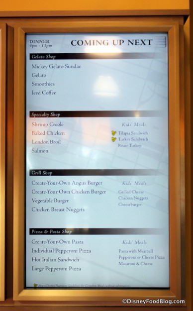 Specialty Shop Dinner choices