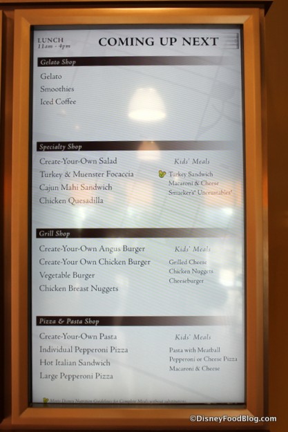 Specialty Shop Lunch choices