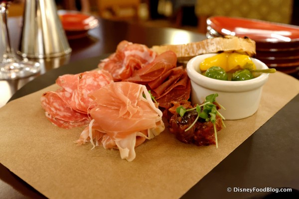 Thin Sliced Italian Cured Meats with House-Pickled Peppers, Olives, and Caponata -- Different Angle