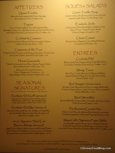Maya Grill Menu