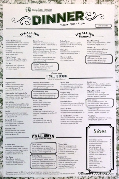 Raglan Road Dinner menu