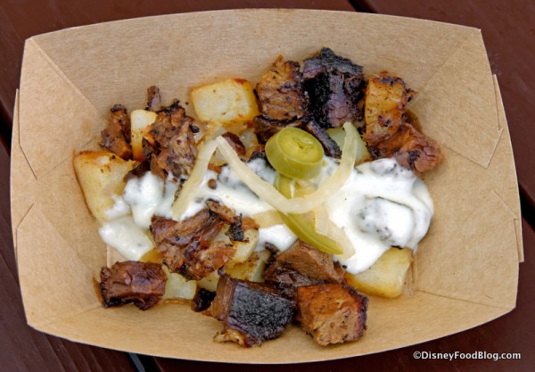 Beef Brisket Burnt Ends Hash with White Cheddar Fondue and Pickled Jalapeños