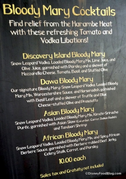 Bloody Mary menu