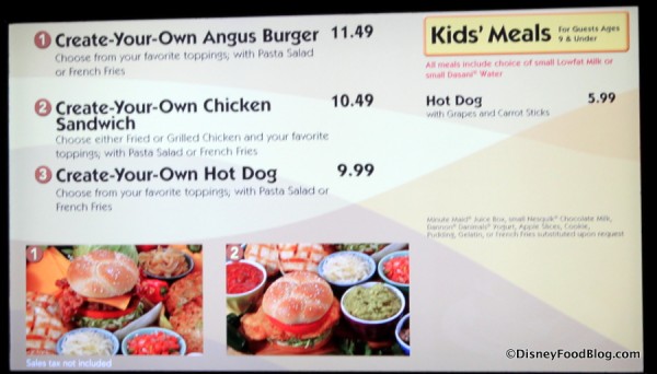 Menu -- Create Your Own Burger and Hot Dogs, Chicken Sandwich -- Click to Enlarge