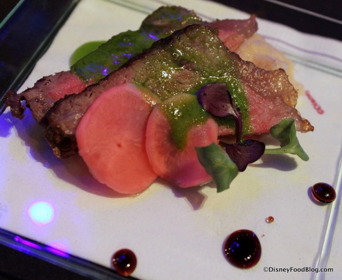 New York Strip, Parsnip Silk, Balsamic Glaze, and Arugula Foam