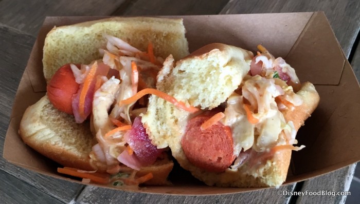 Spicy Hot Dog with Kimchi Slaw and Korean Mustard